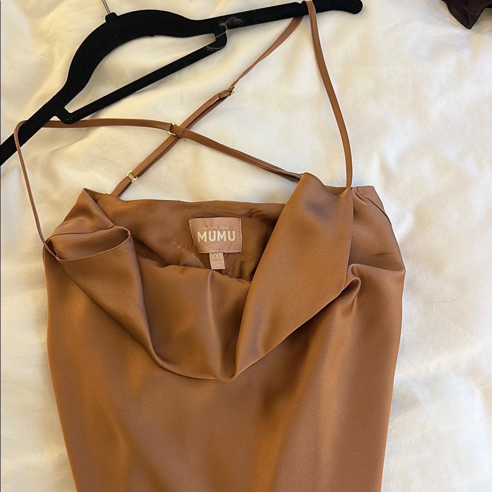 Mumu Brown Satin Cowl Neck Dress